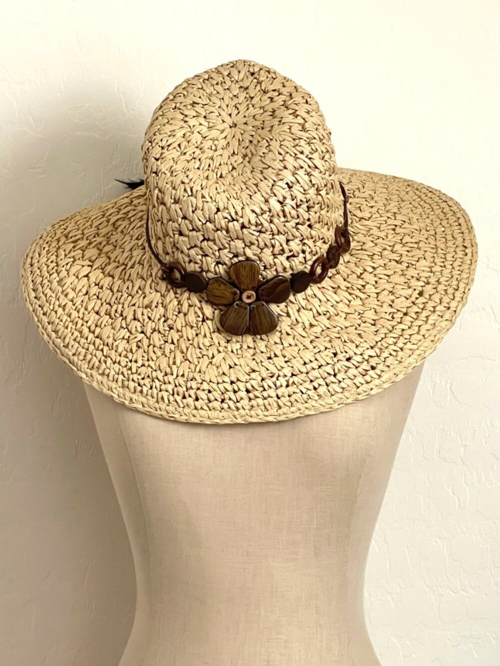 New Sun Beach Hat Woven Beads Flower Feather Dominican Republic Punta Cana